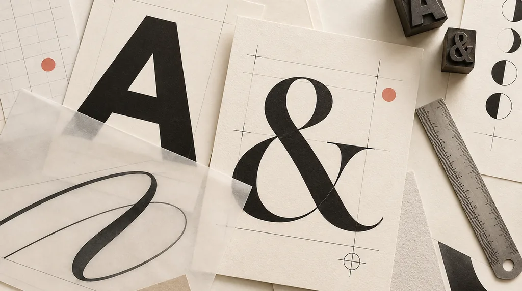 Curated typography specimens with contrasting letterforms, layout guides, and letterpress blocks