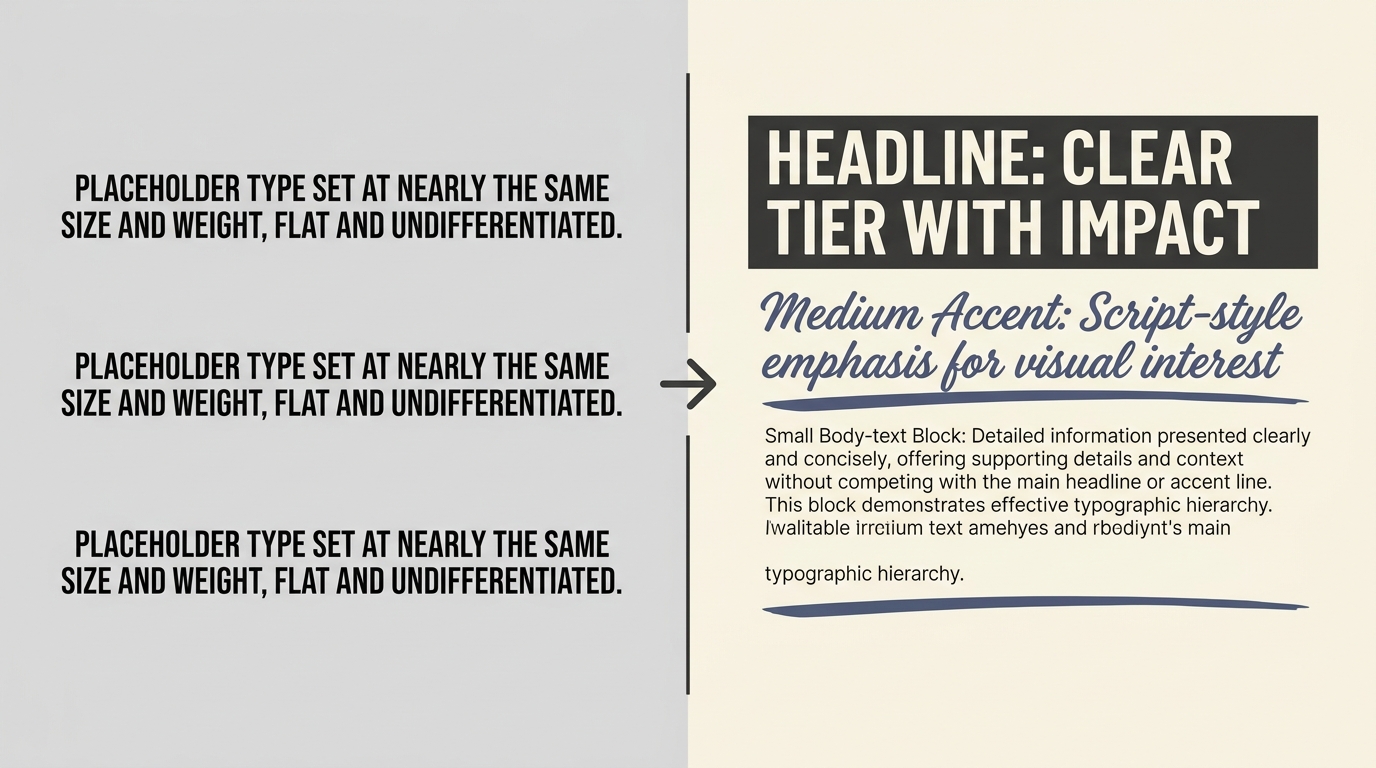 Flat undifferentiated type restructured into a clear headline, accent and body hierarchy