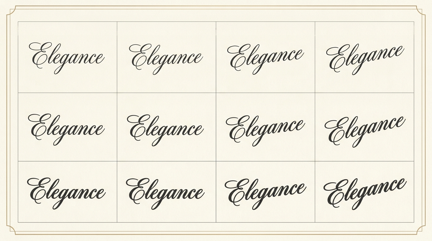 Twelve elegant script lettering samples arranged in a specimen grid