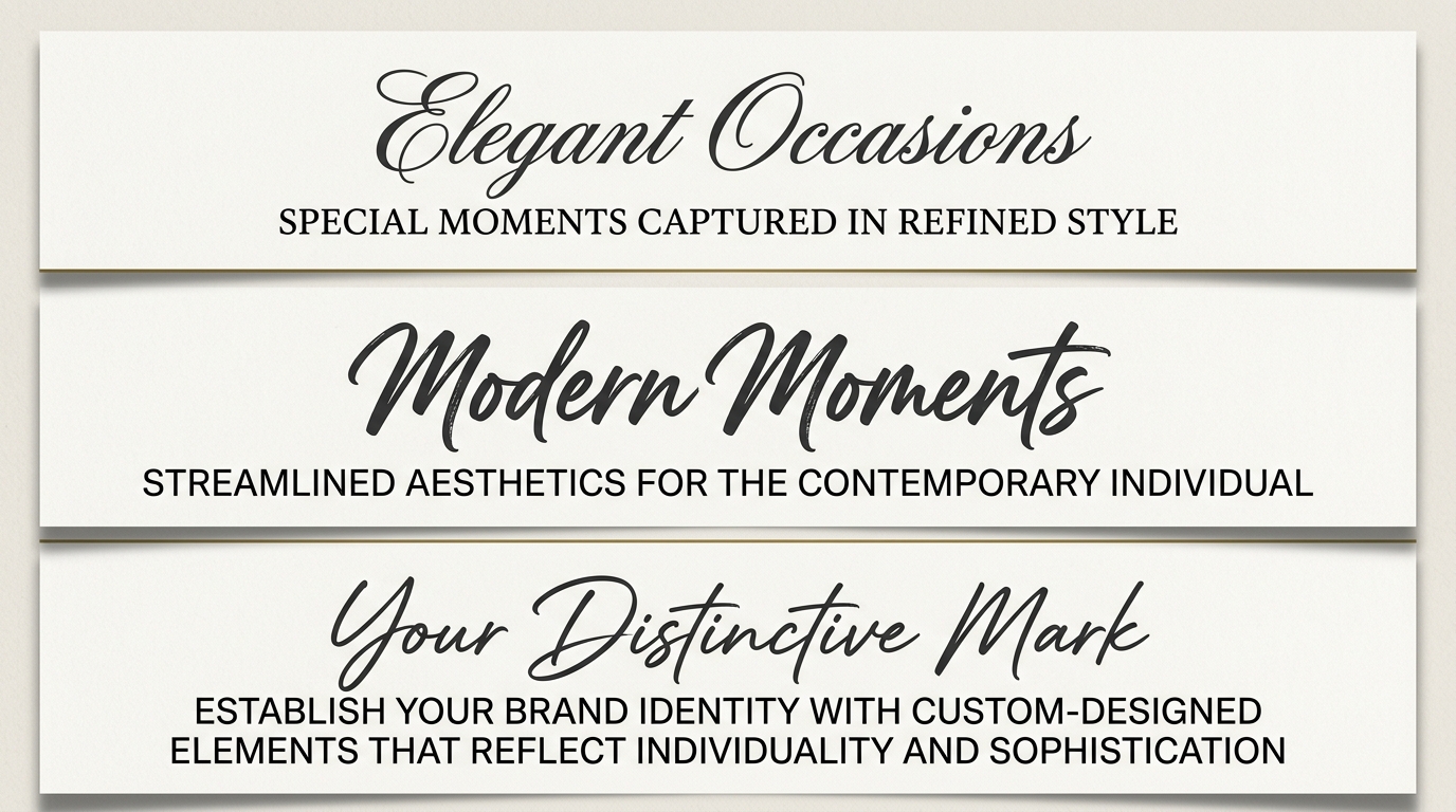 Three typographic pairing cards: script with serif, calligraphy with sans serif, signature with small caps