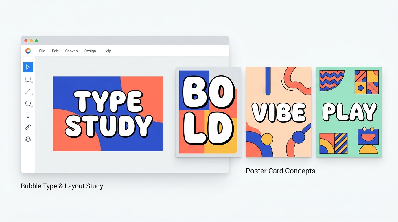 Design-editor screen beside poster cards using bold bubble lettering and color blocks