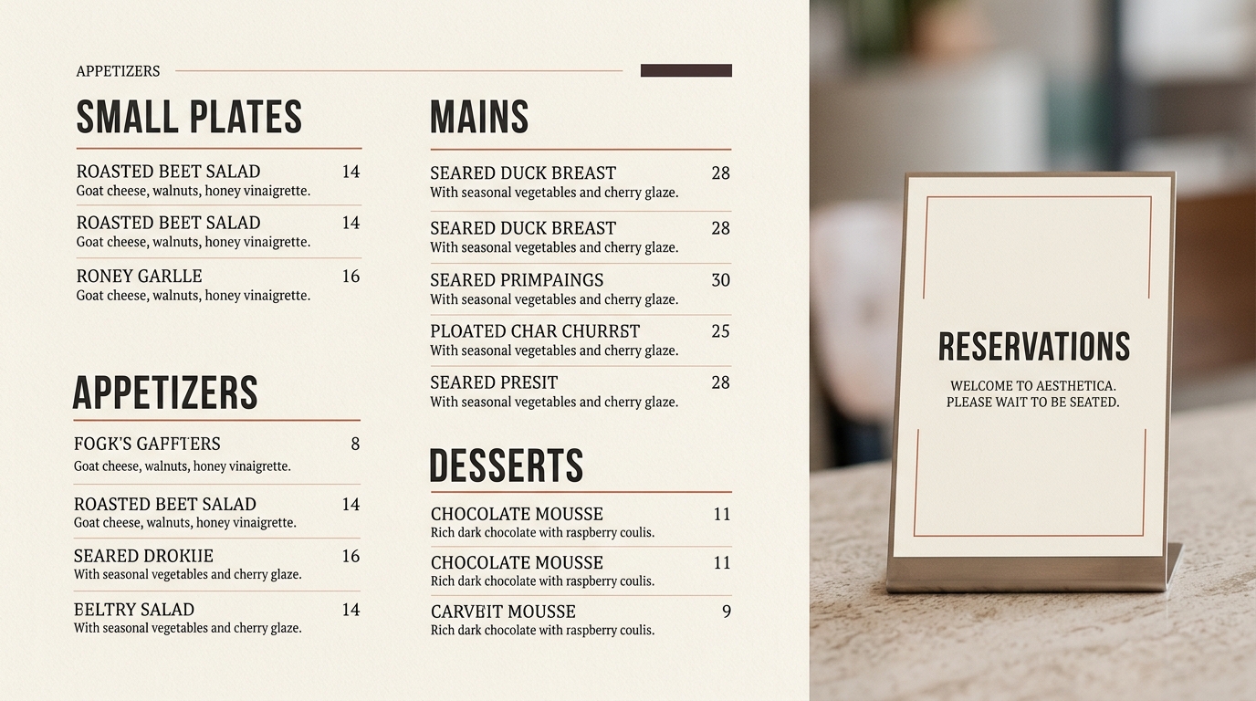 Restaurant menu layout with three differentiated typographic roles and a matching sign