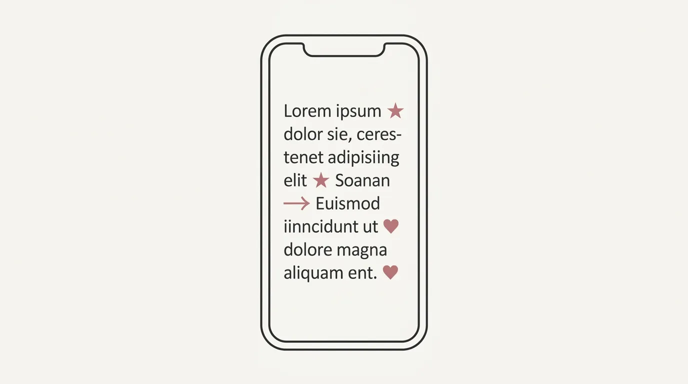 Mobile bio caption mockup with placeholder text lines and small star, arrow, and heart symbol glyphs placed between them