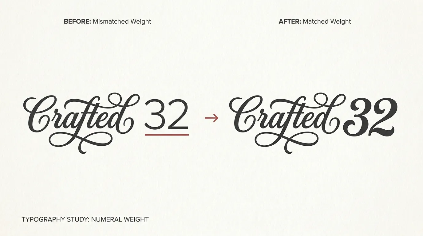 Before and after comparison of a script word paired with a mismatched flat numeral versus a numeral that matches its weight and flourish style