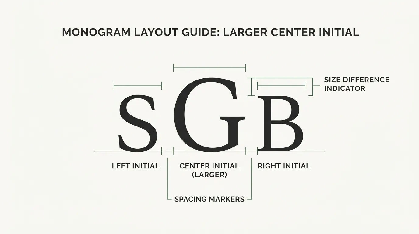 3-letter monogram layout guide with size and spacing marks