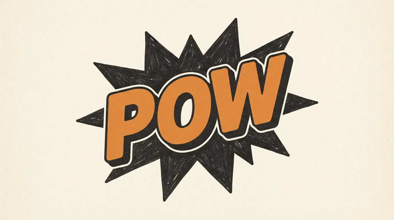 A black and orange starburst with the sound effect POW