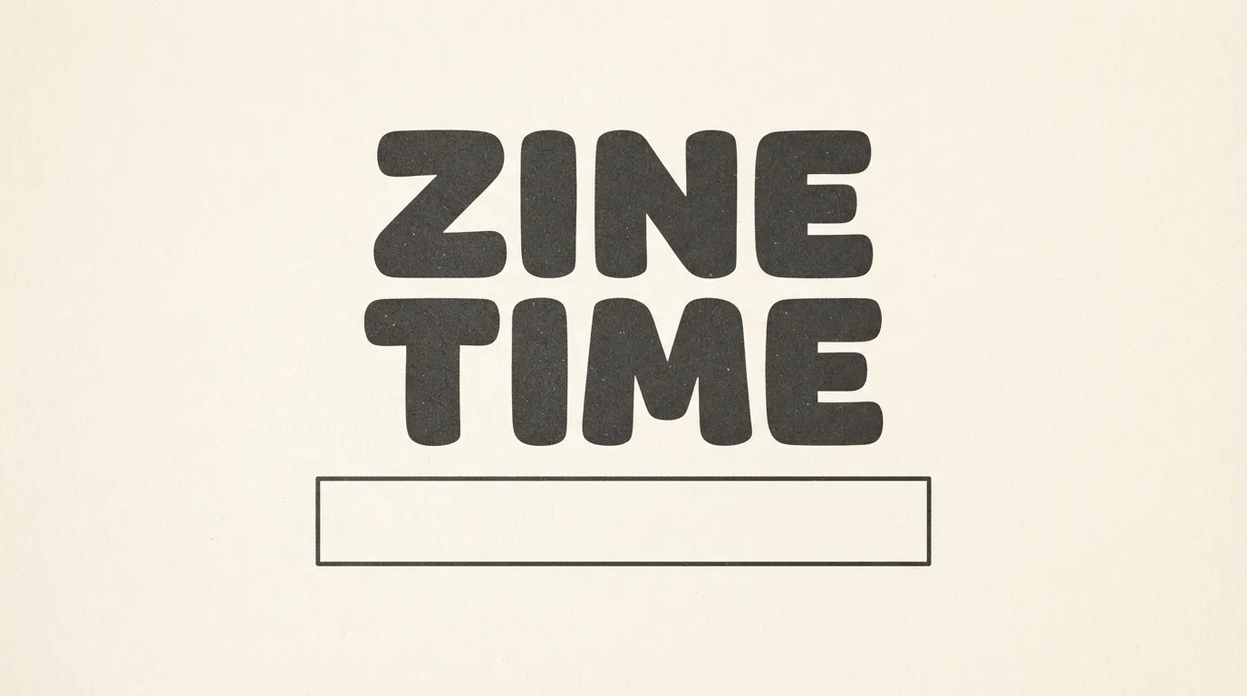A zine title ZINE TIME in chunky rounded letters above an empty label box