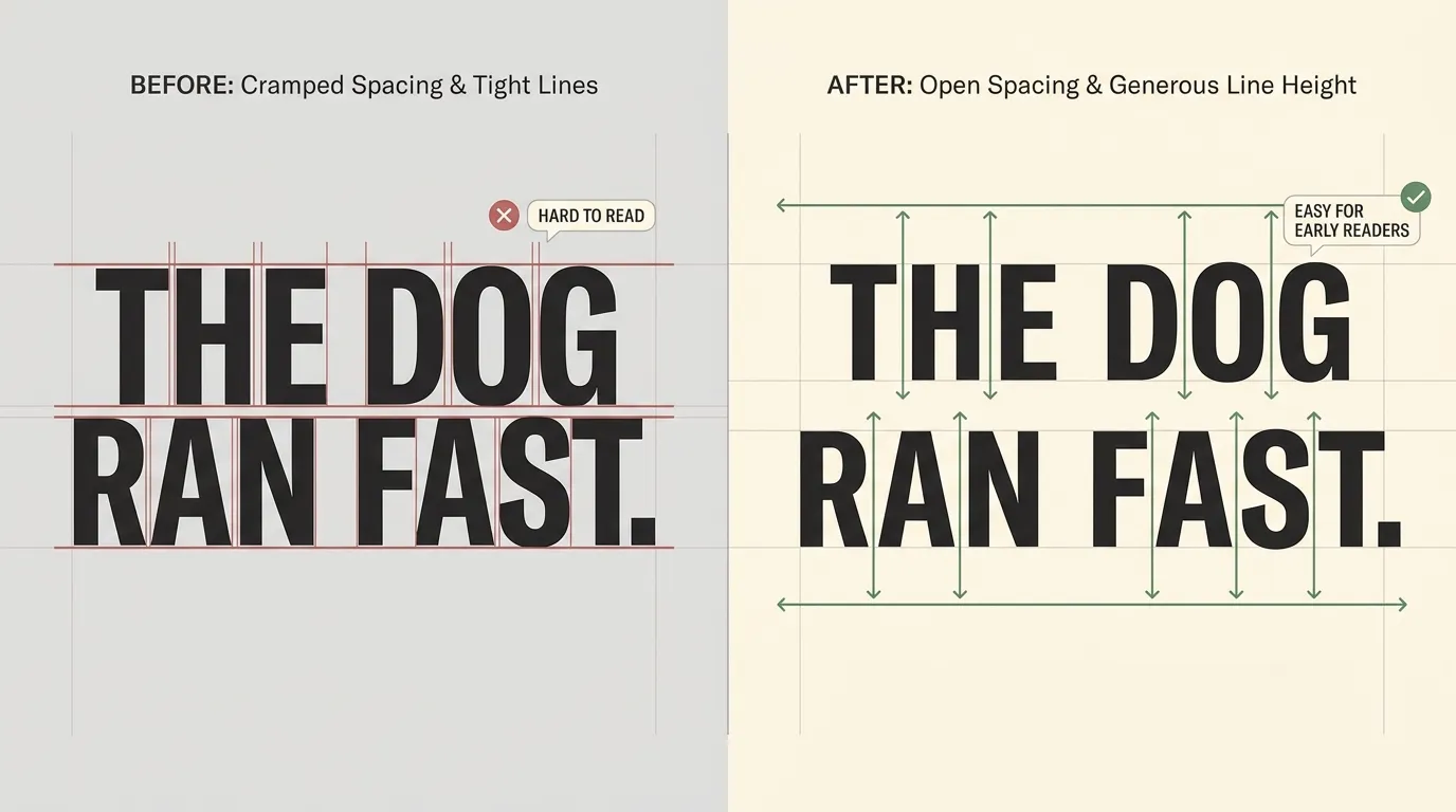 Before and after comparison of cramped letter spacing and tight lines against open spacing and generous line height