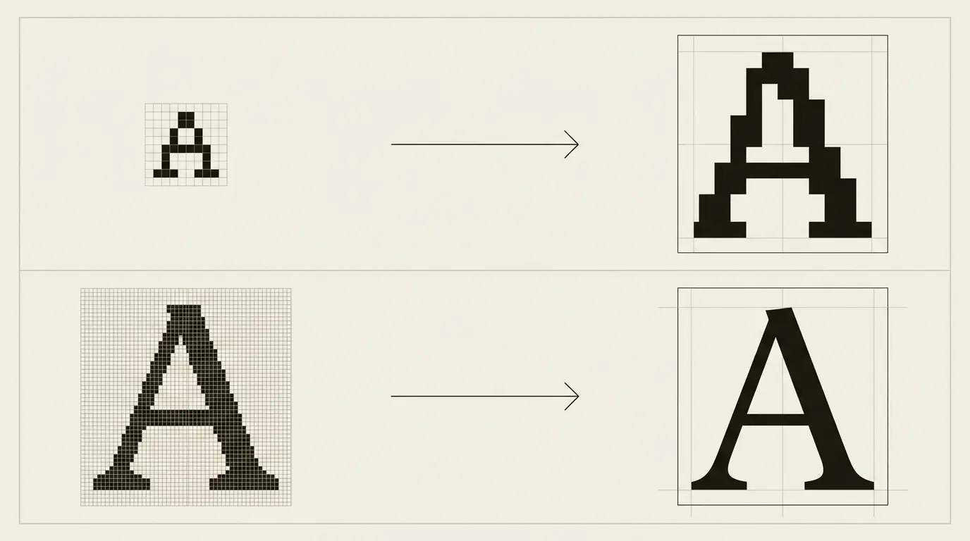 Two conceptual source-image tiles feeding the same-size display area, illustrating different amounts of raster detail.