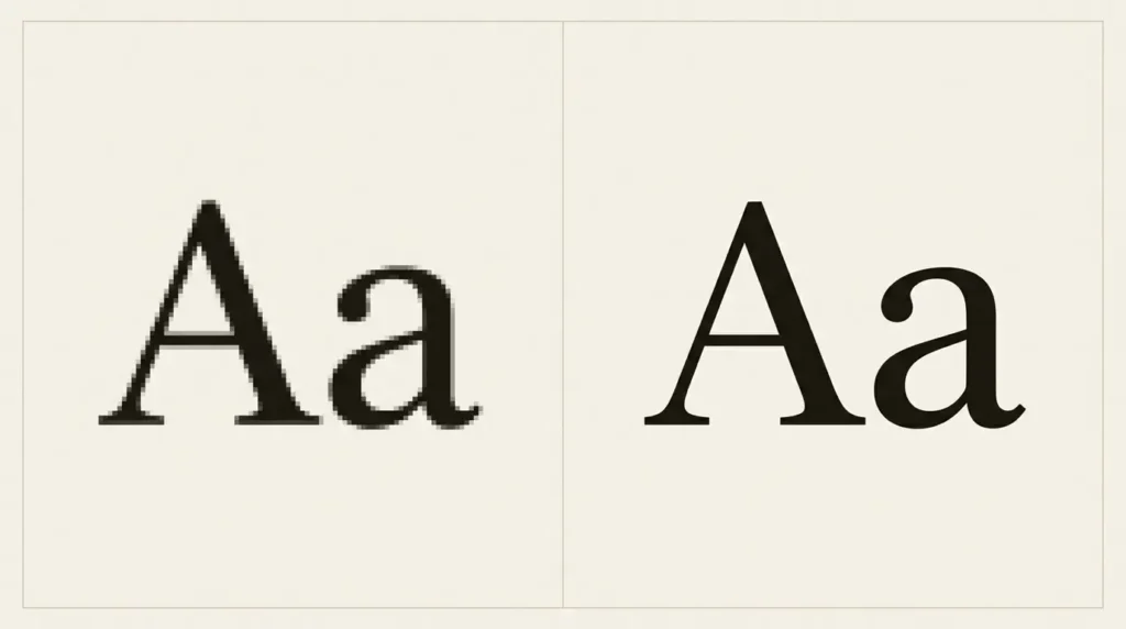 A sharp Aa specimen beside a visibly pixelated version in a conceptual editorial layout.