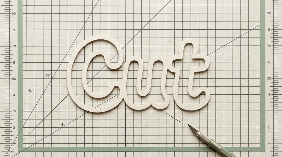 The word Cut in puffy letters laid on a cutting mat with a craft knife