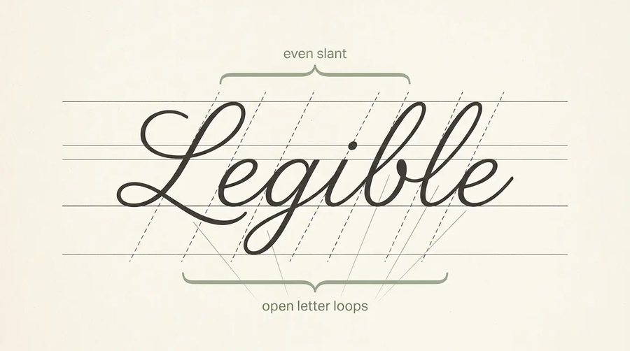 The cursive word Legible on guide lines with brackets marking open loops and an even slant