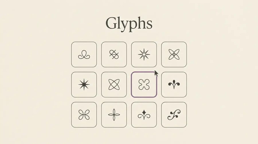 A glyph panel grid of twelve decorative symbols with one cell highlighted