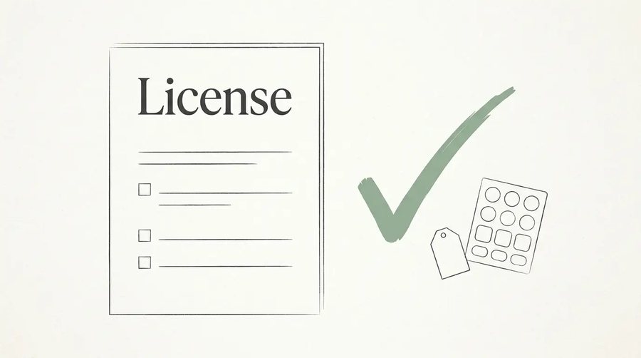 A document outline with a large tick mark and a price tag beside a sticker sheet