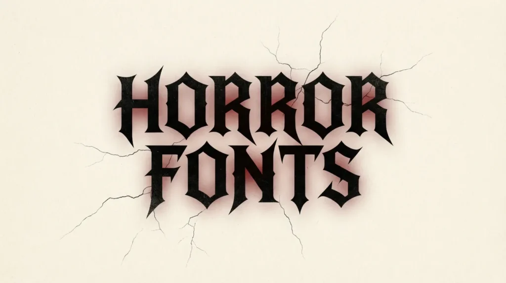 The words Horror Fonts in sharp gothic letters with a red glow and cracks