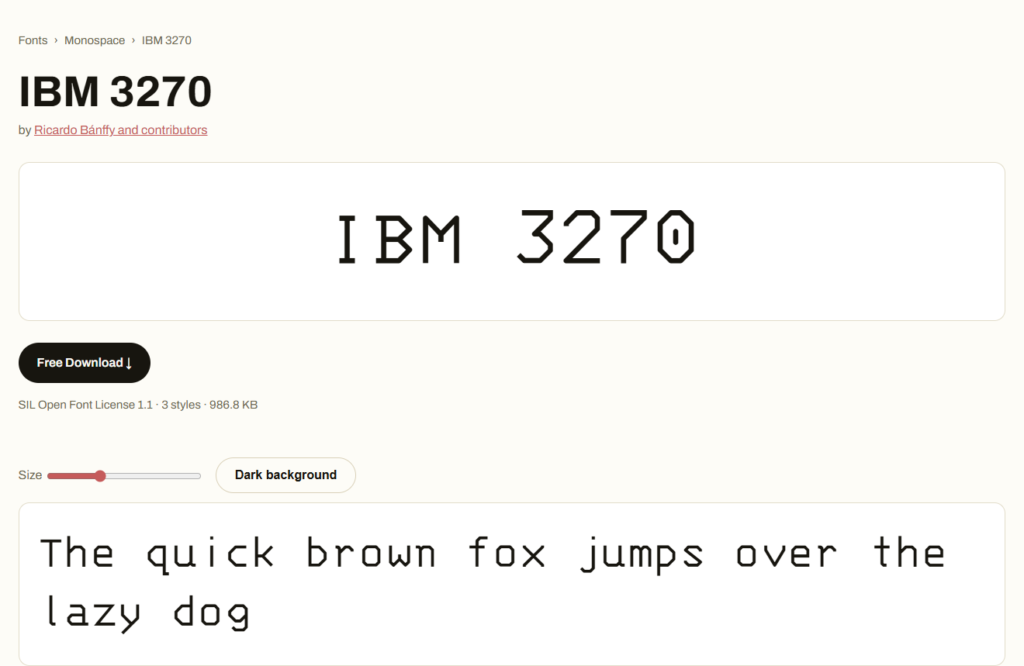 IBM 3270 font page preview with title, license and type tester
