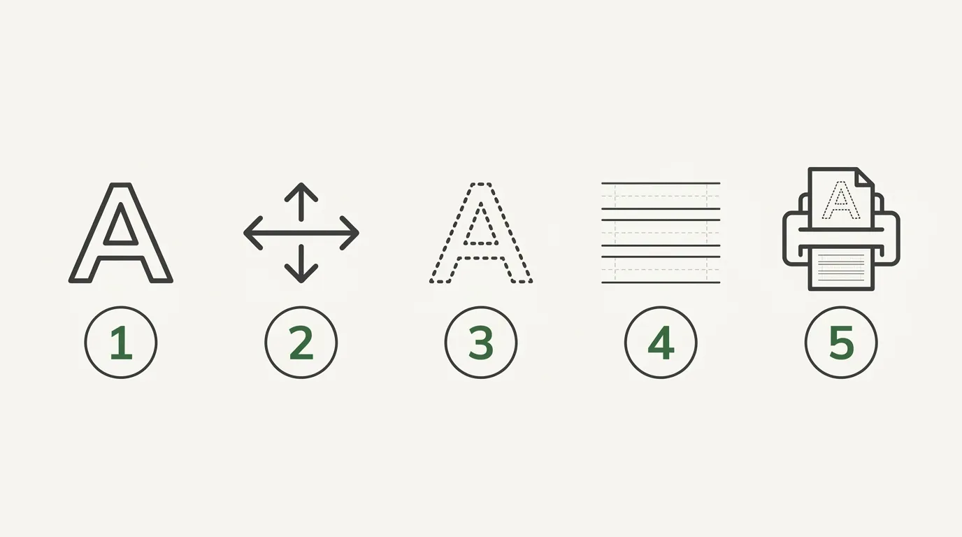 Five-step infographic icons: letter, size arrow, dotted-outline letter, ruled lines and printer