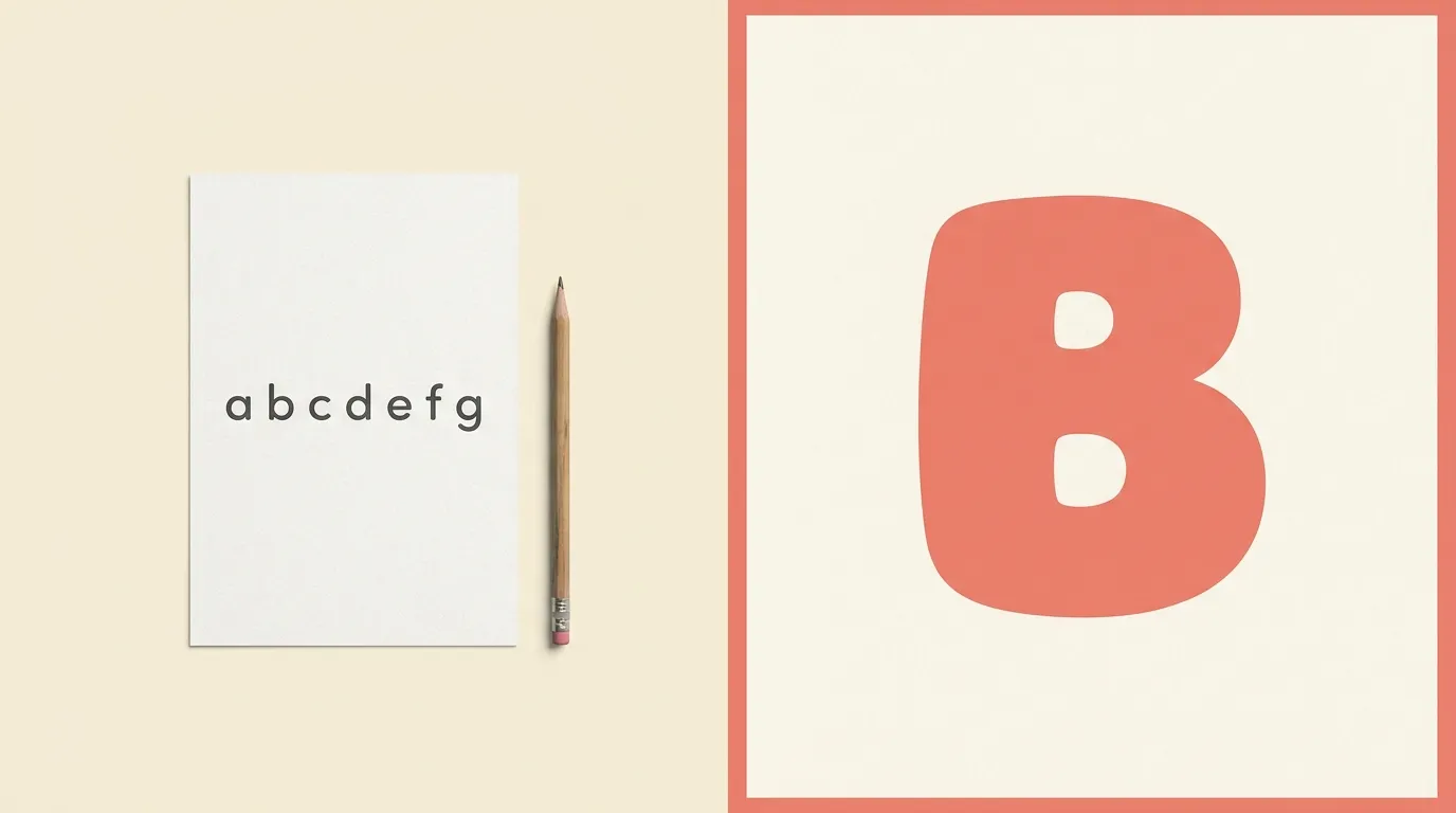 Small worksheet page with plain letters and a pencil beside a bold classroom poster with one huge round letter